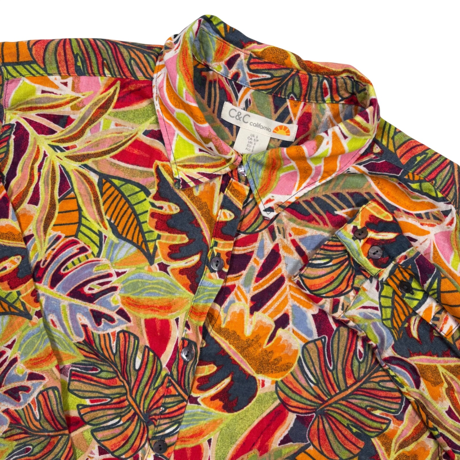 C&C California Linen Blend Button Shirt Tunic Womens S Multicolor Tropical Leaf